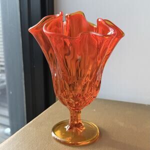 Vintage Fenton Thumbprint Amberina Swung Handkerchief Pedestal Vase Cadmium GLOW